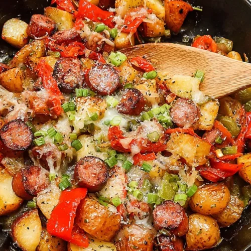 A close-up of a skillet filled with roasted sausage and potatoes, seasoned well