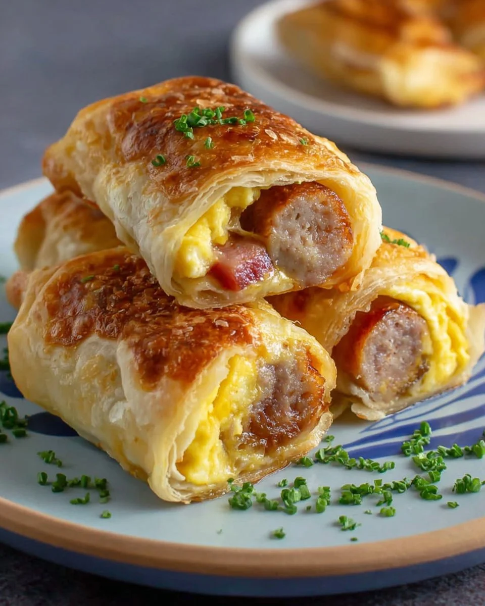 Delicious sausage egg breakfast roll-ups on a plate, perfect for a quick morning meal.