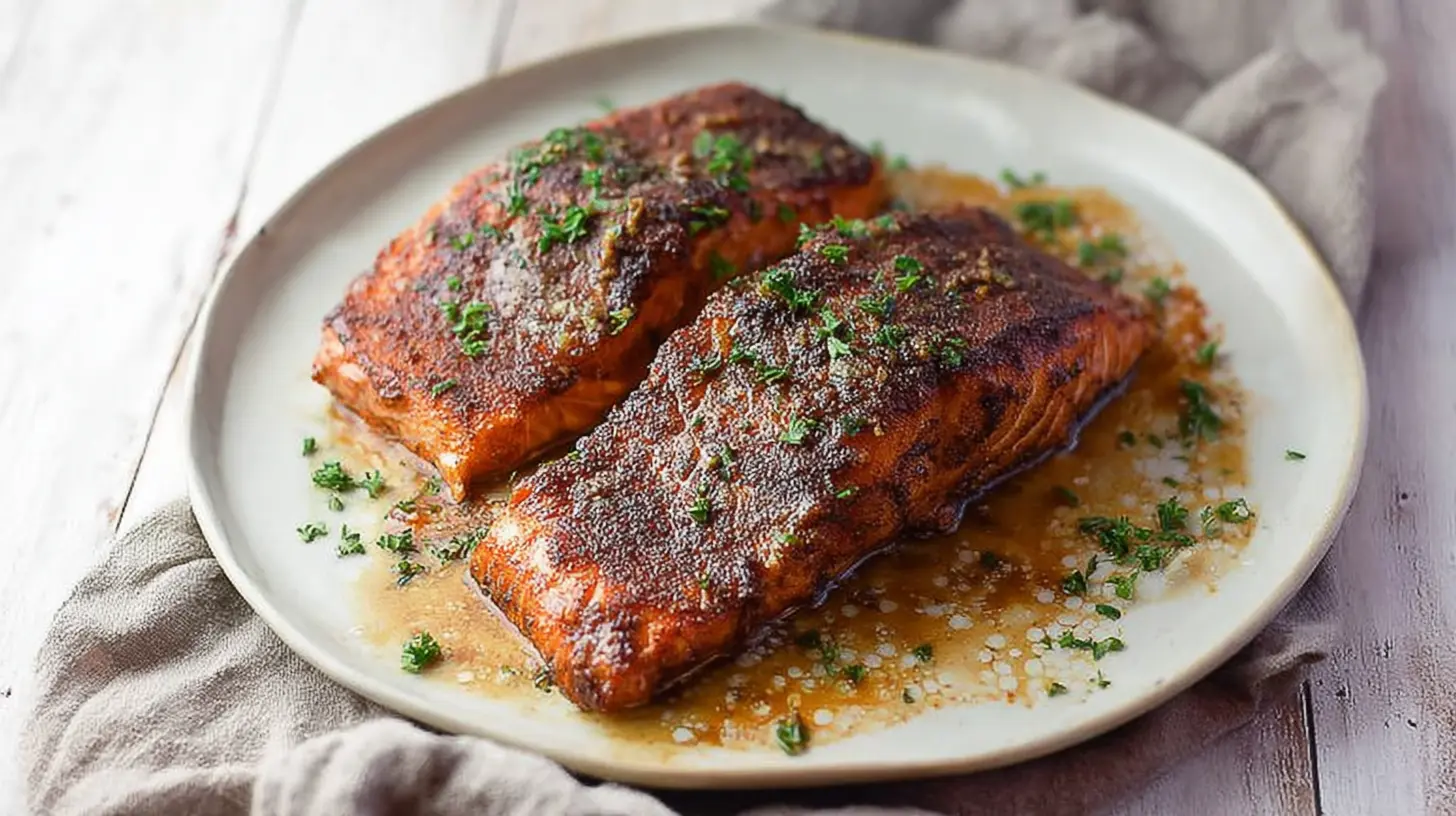 A close-up of a perfectly cooked savory Cajun spiced salmon fillet.