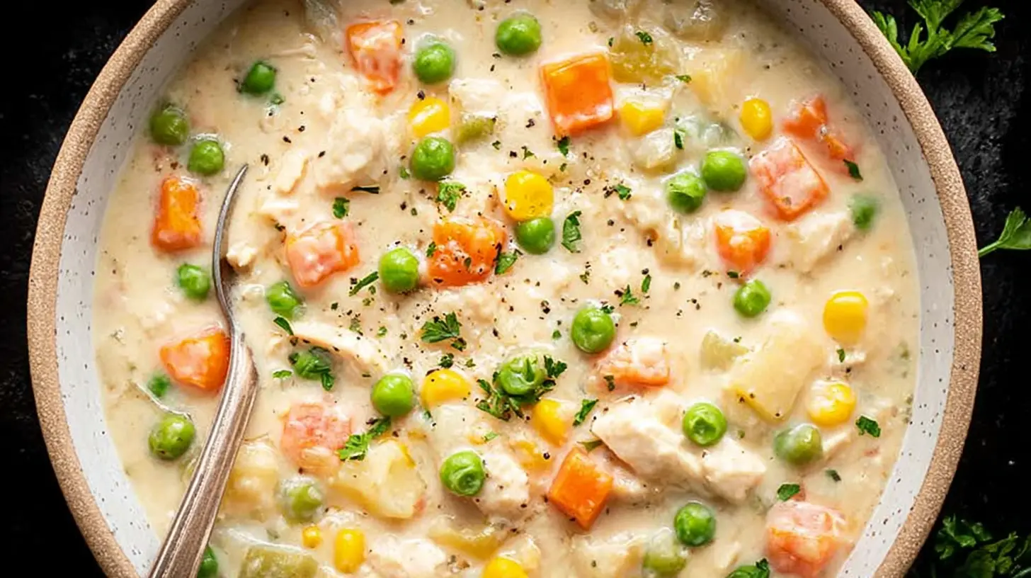 Chicken Pot Pie Soup: Why 1 Bowl is Never Enough 1 Close-up of a rich chicken pot pie soup, ready to eat