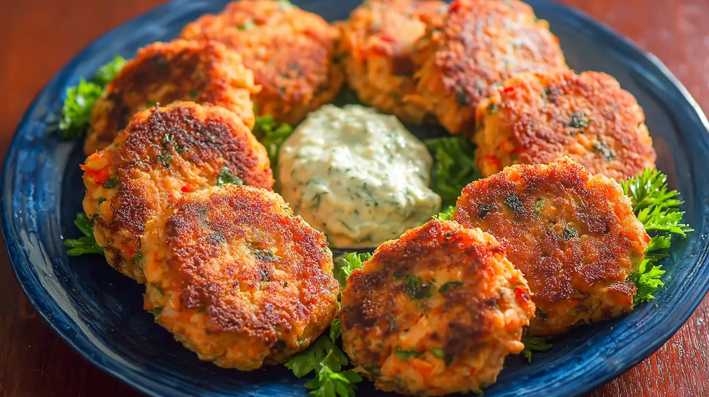 A plate of golden brown salmon cakes with fresh dill garnish