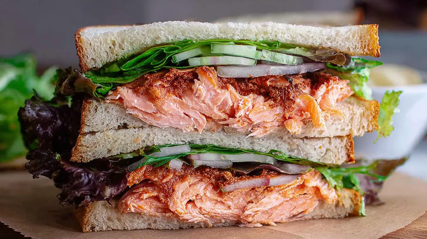 A freshly prepared salmon sandwich on whole wheat bread with greens.