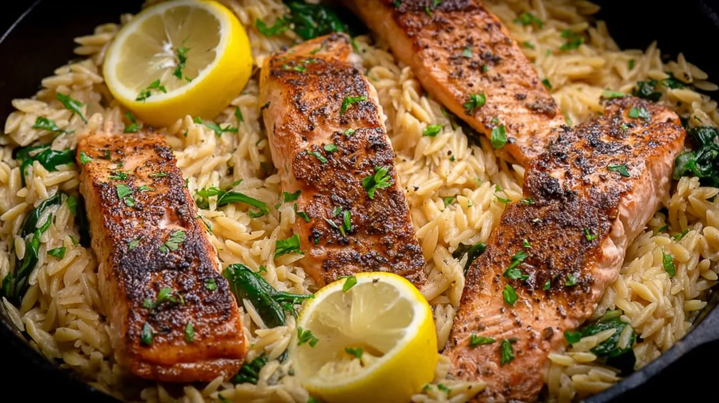 A close-up of seared salmon served with bright zesty lemon orzo.