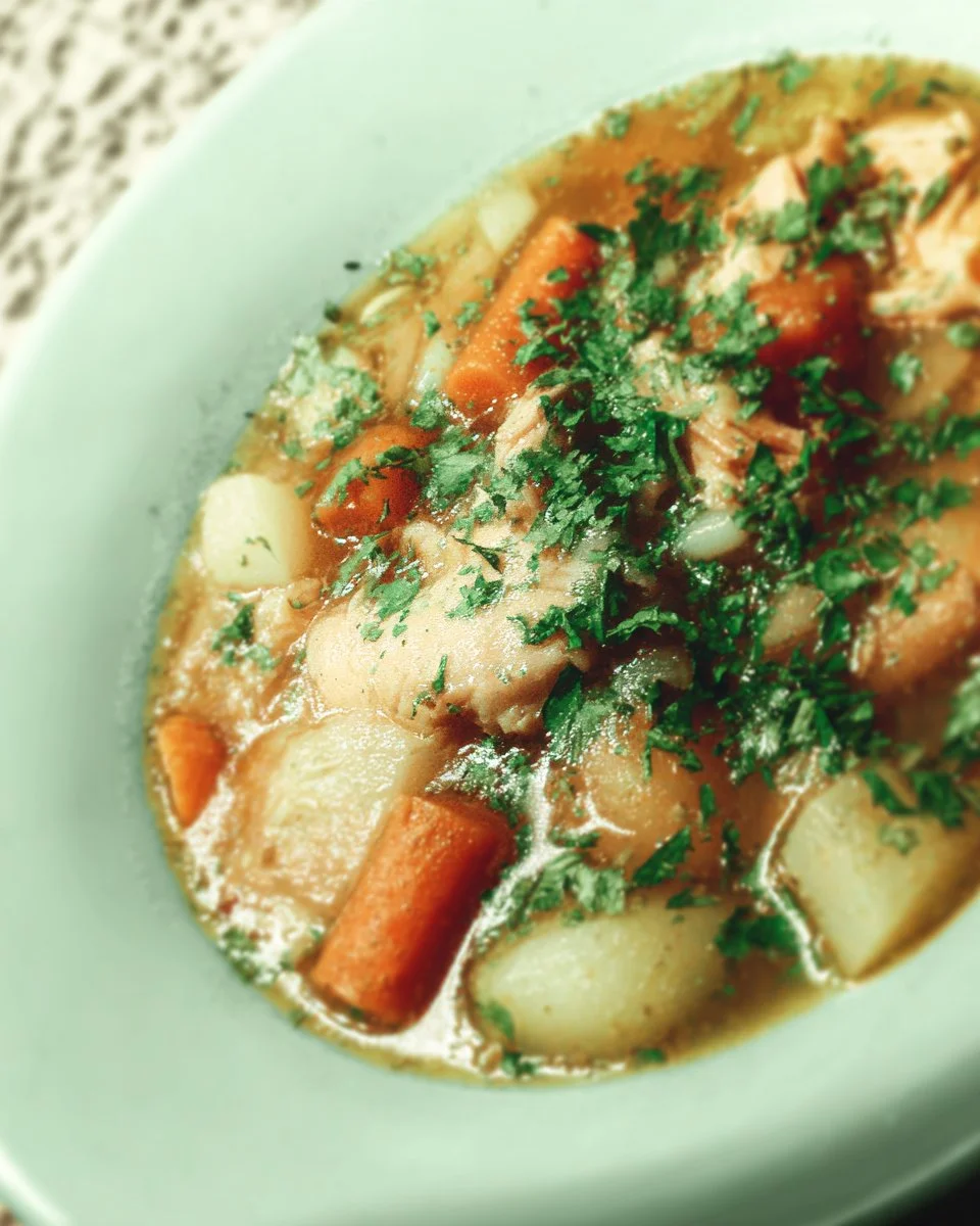 Slow Cooker Chicken Stew Recipe 1 Slow cooker chicken stew with vegetables and herbs in a bowl