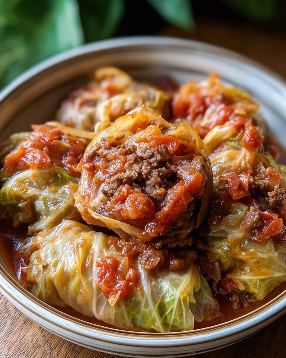 Slow cooker unstuffed cabbage rolls in a bowl with fresh herbs garnish.