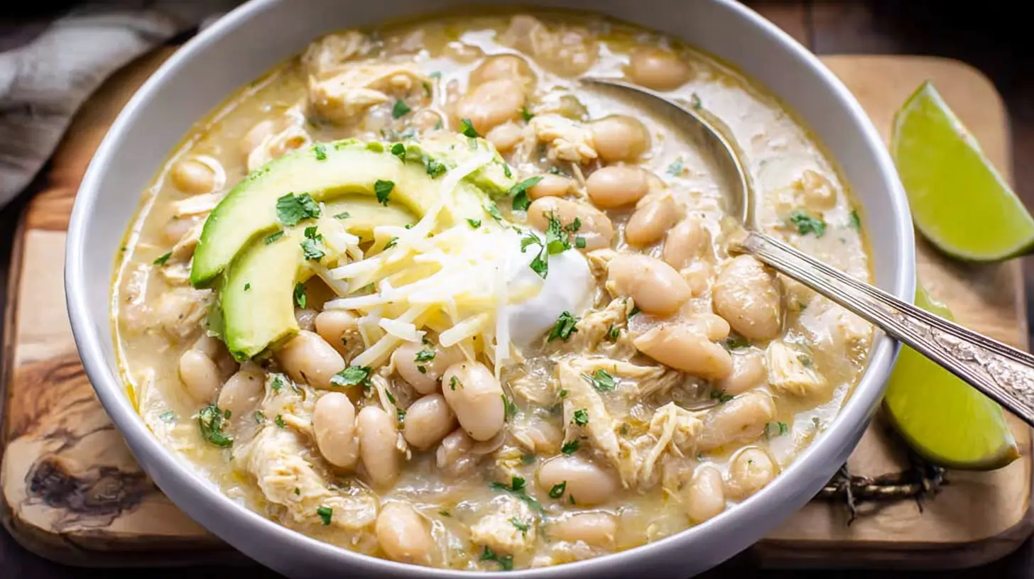 White Chicken Chili Slow Cooker: 4 Delicious Dinners 1 Creamy slow cooker white chicken chili garnished with fresh cilantro and a dollop of sour cream.
