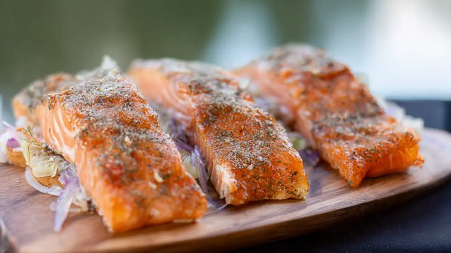 Close-up of thinly sliced smoked salmon on a bed of greens
