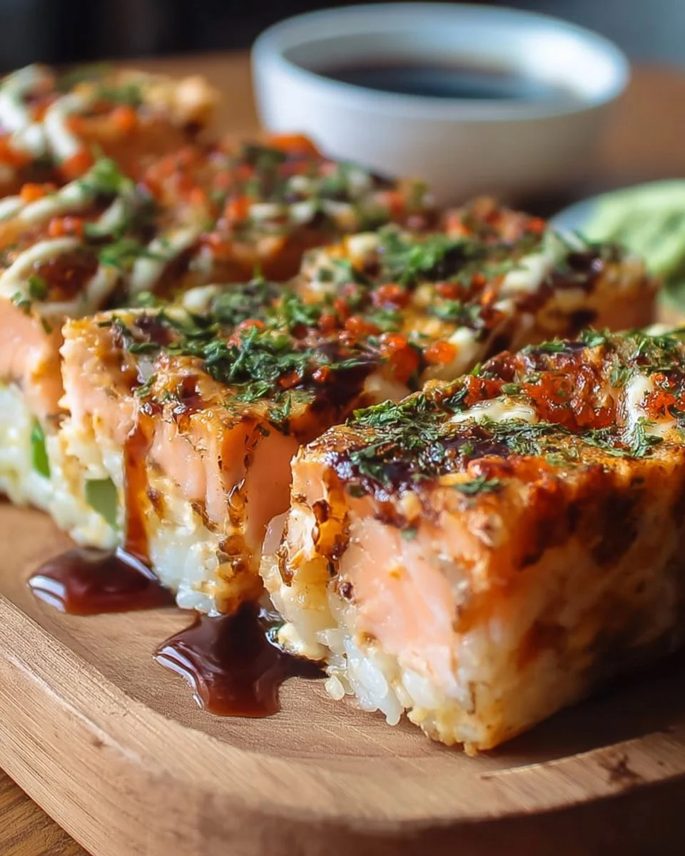 Spicy salmon sushi bake dish garnished with fresh herbs and served in a bowl.