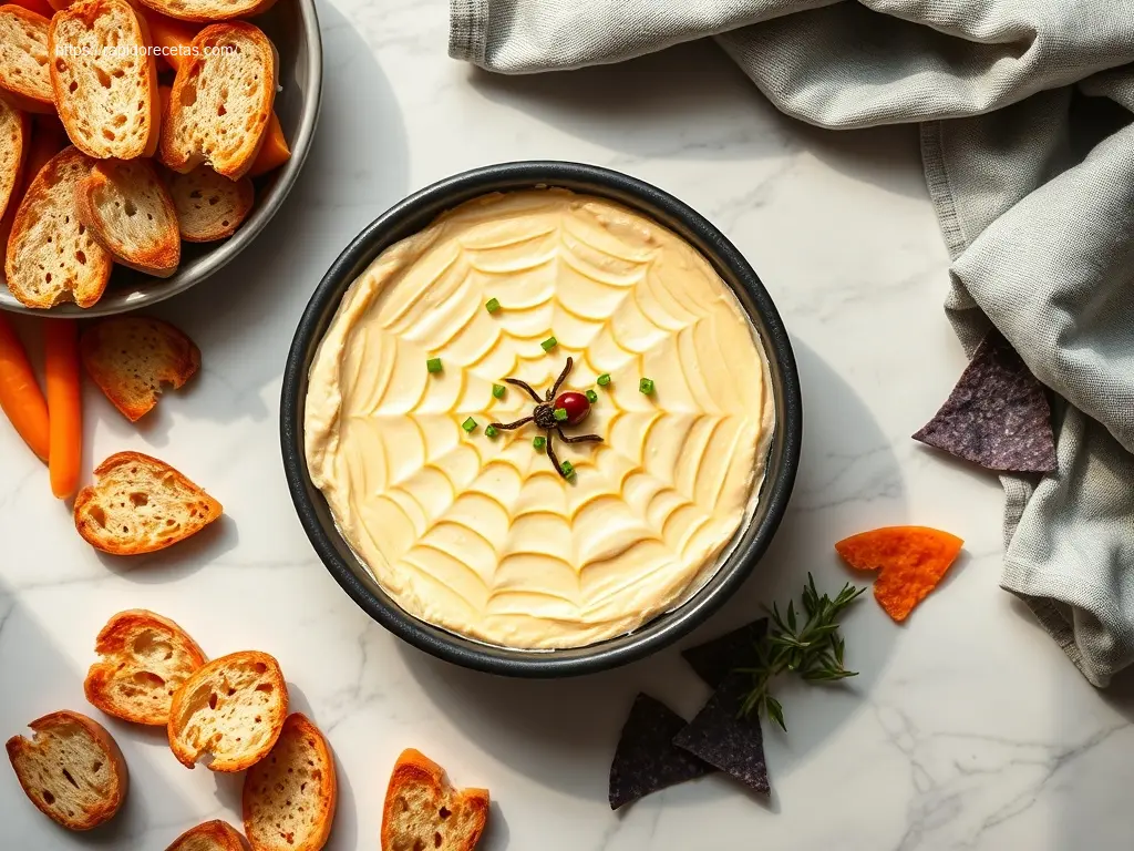 Spiderweb Cheese Dip: 1 Easy Recipe for Fun! 1 Delicious spiderweb cheese dip with baguette and carrots
