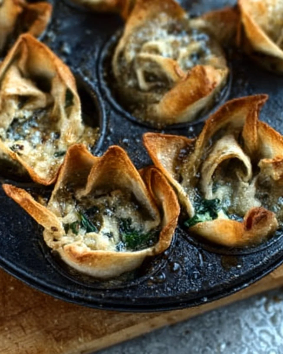 Spinach and artichoke wonton cups arranged on a serving platter