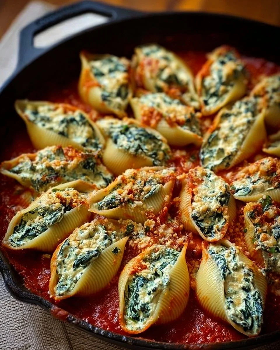 Spinach and Ricotta Stuffed Shells 1 Delicious spinach and ricotta stuffed shells topped with marinara sauce.