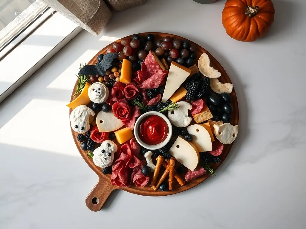 Spooky Charcuterie Board: Your 9-Step Guide 1 Spooky Charcuterie Board with themed snacks and dark fruits