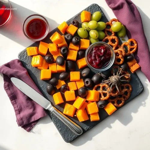 Spooky Charcuterie Board: Your 9-Step Guide 2 Spooky Charcuterie Board with themed snacks and dark fruits