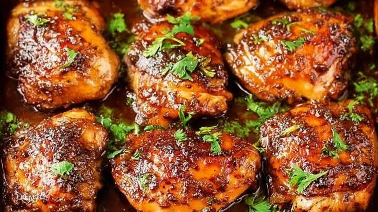 Succulent brown sugar garlic chicken served in a pan with caramelized glaze.