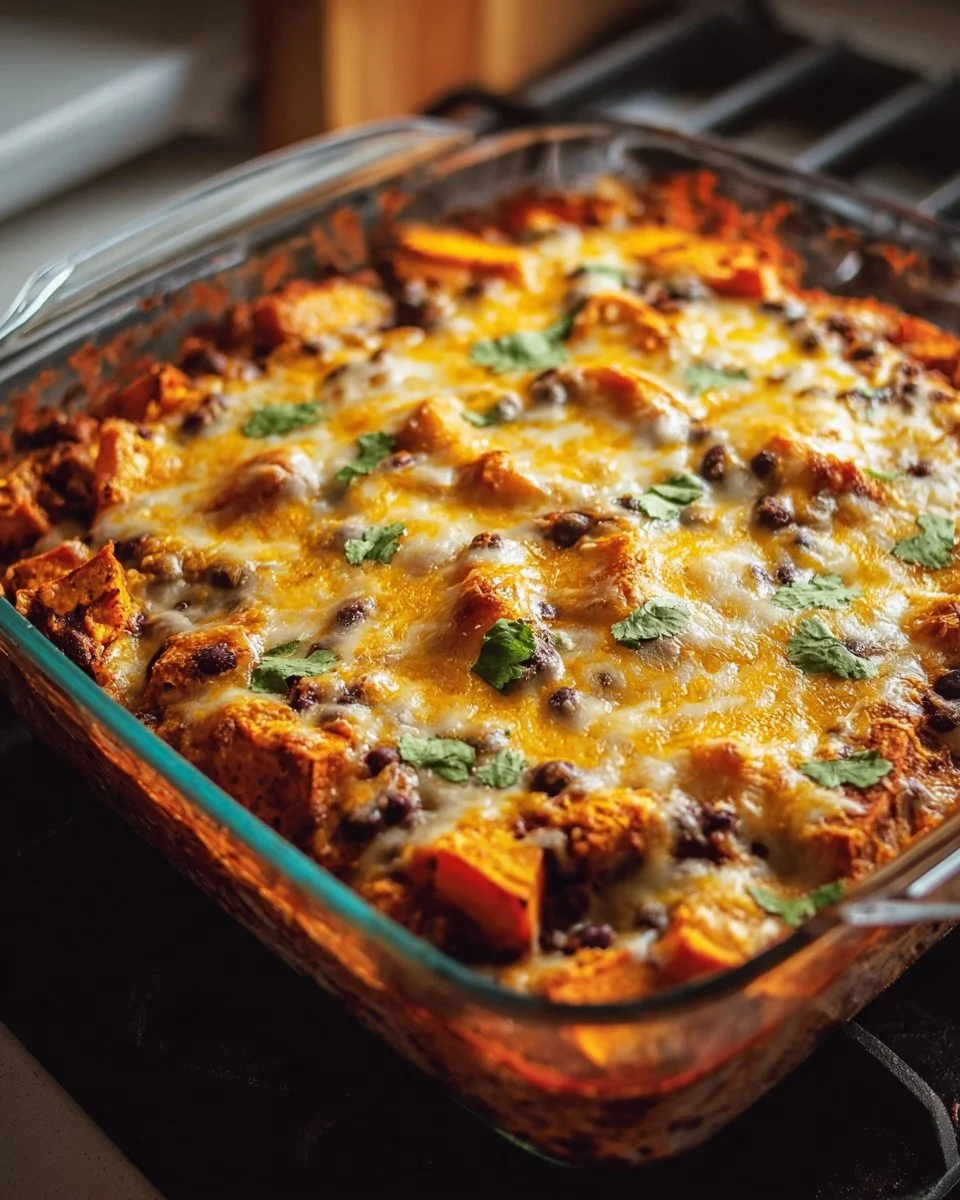 Sweet Potato and Black Bean Enchilada Casserole in a baking dish