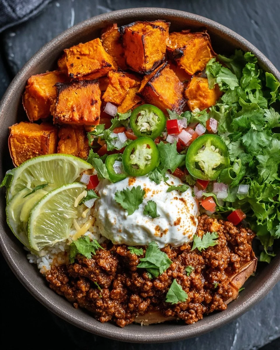 Colorful sweet potato taco bowl topped with fresh vegetables and herbs