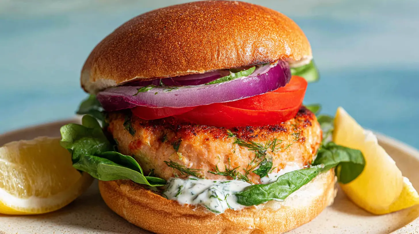 A close-up of two fresh salmon burgers with green toppings.