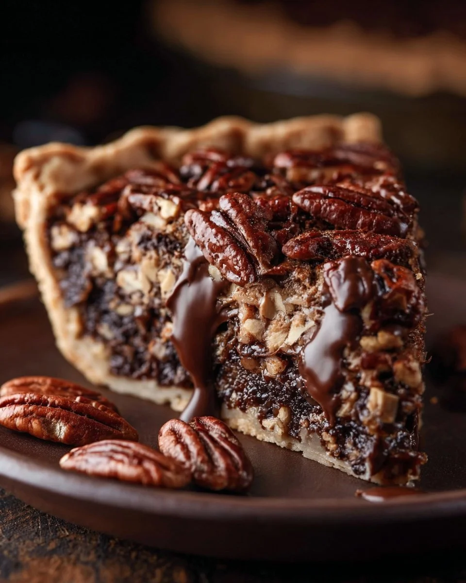Texas Chocolate Pecan Pie 1 Delicious Texas Chocolate Pecan Pie served on a rustic wooden table