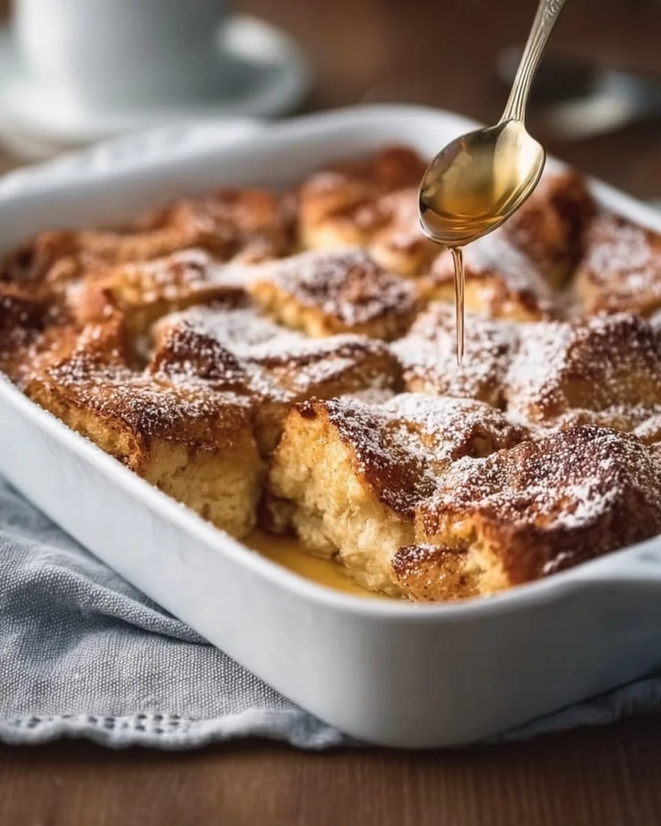 Delicious traditional French toast casserole served in a baking dish.