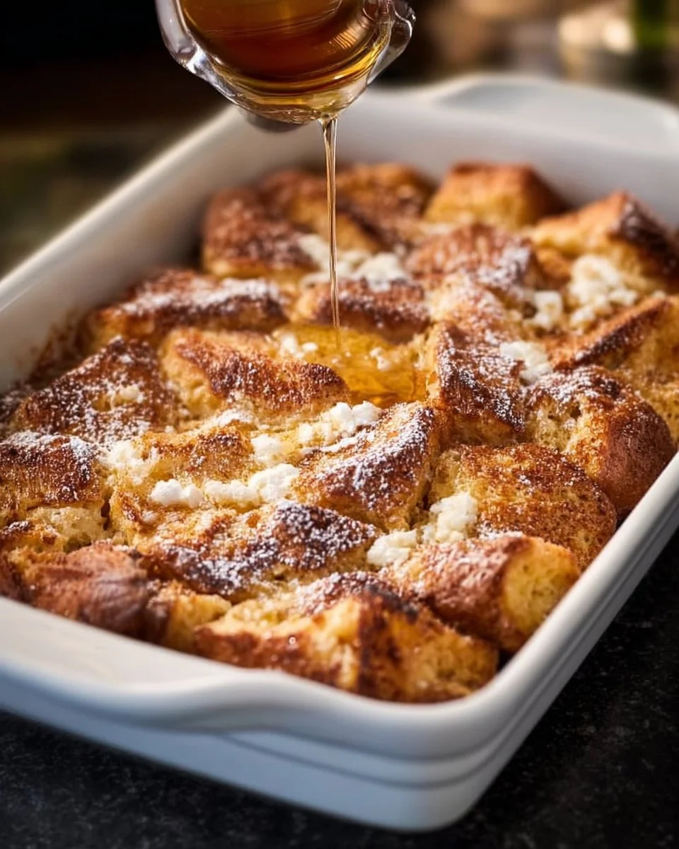 Traditional French Toast Casserole 1 Traditional French Toast Casserole with syrup and berries on a plate