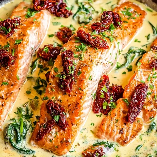Tuscan Salmon: 6 Secrets for Flavor 2 Close-up of pan-seared Tuscan salmon with creamy sauce, sun-dried tomatoes, and spinach.