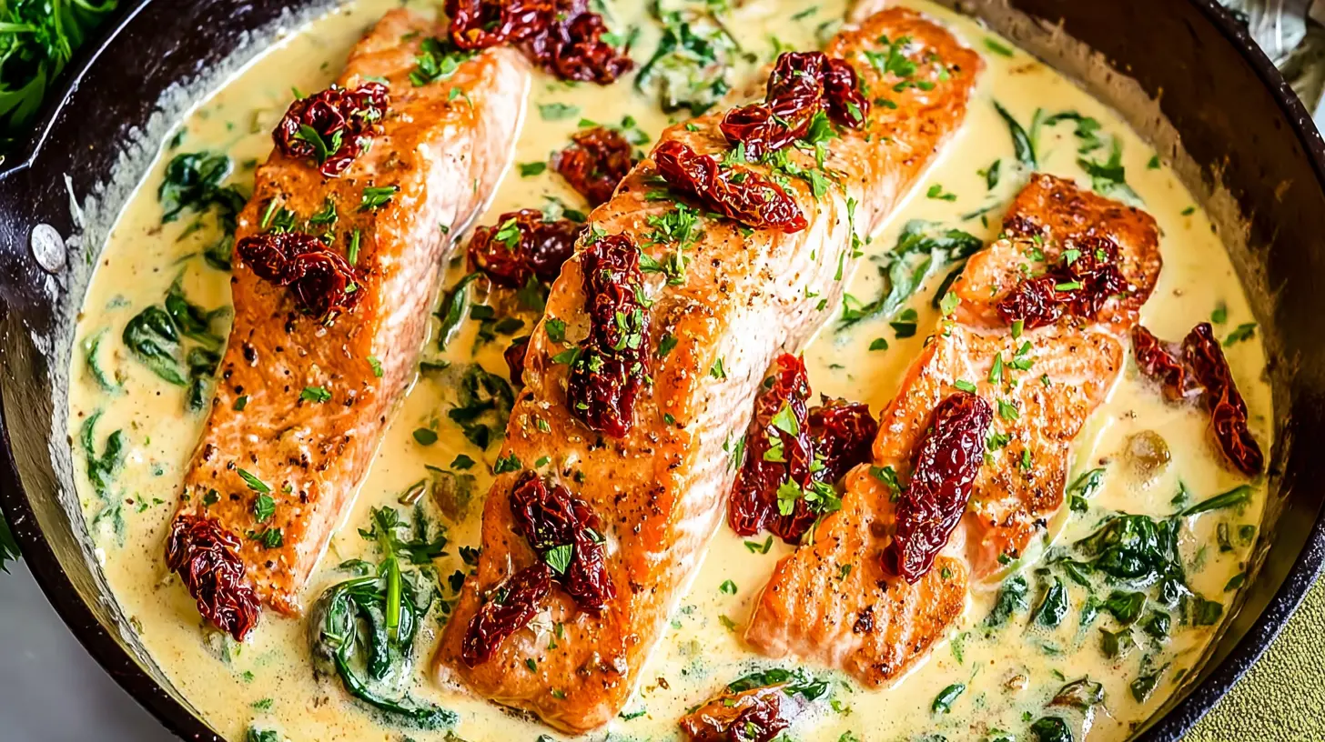 Close-up of pan-seared Tuscan salmon with creamy sauce, sun-dried tomatoes, and spinach.