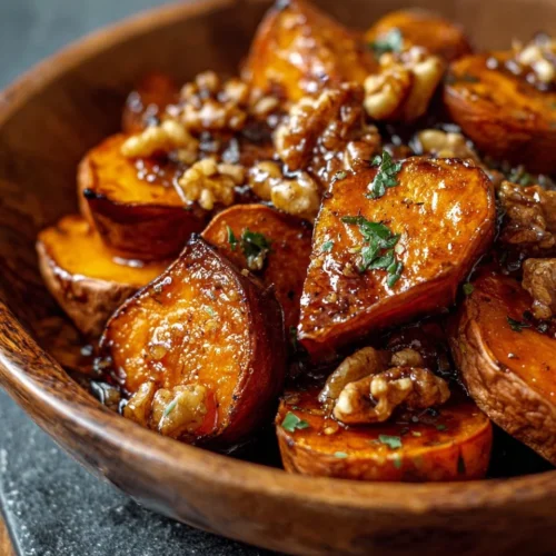 Walnut Maple Roasted Sweet Potatoes garnished with fresh herbs