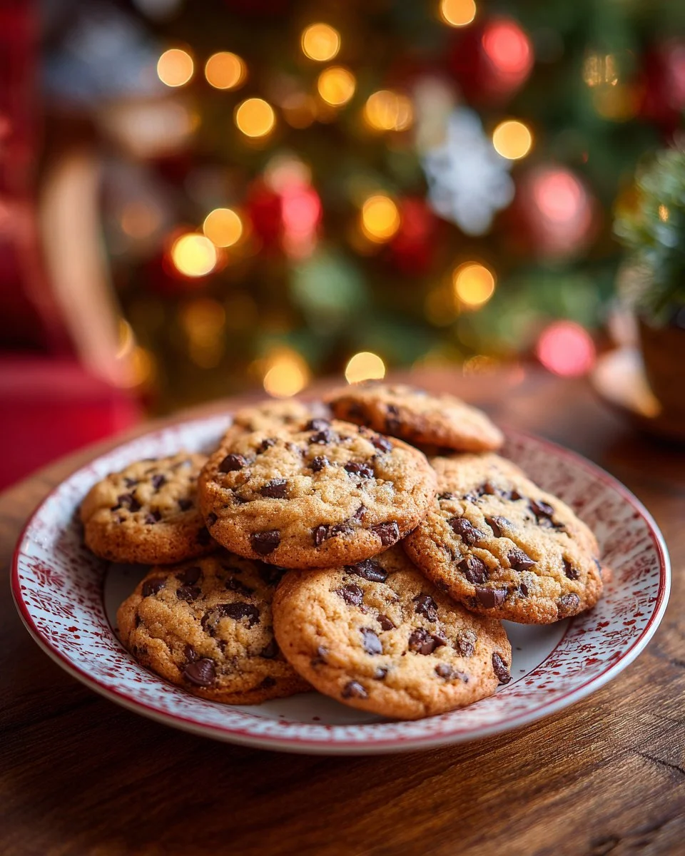 Winter Wonderland Chocolate Chip Cookies 1 Plate of Winter Wonderland Chocolate Chip Cookies with festive decorations.