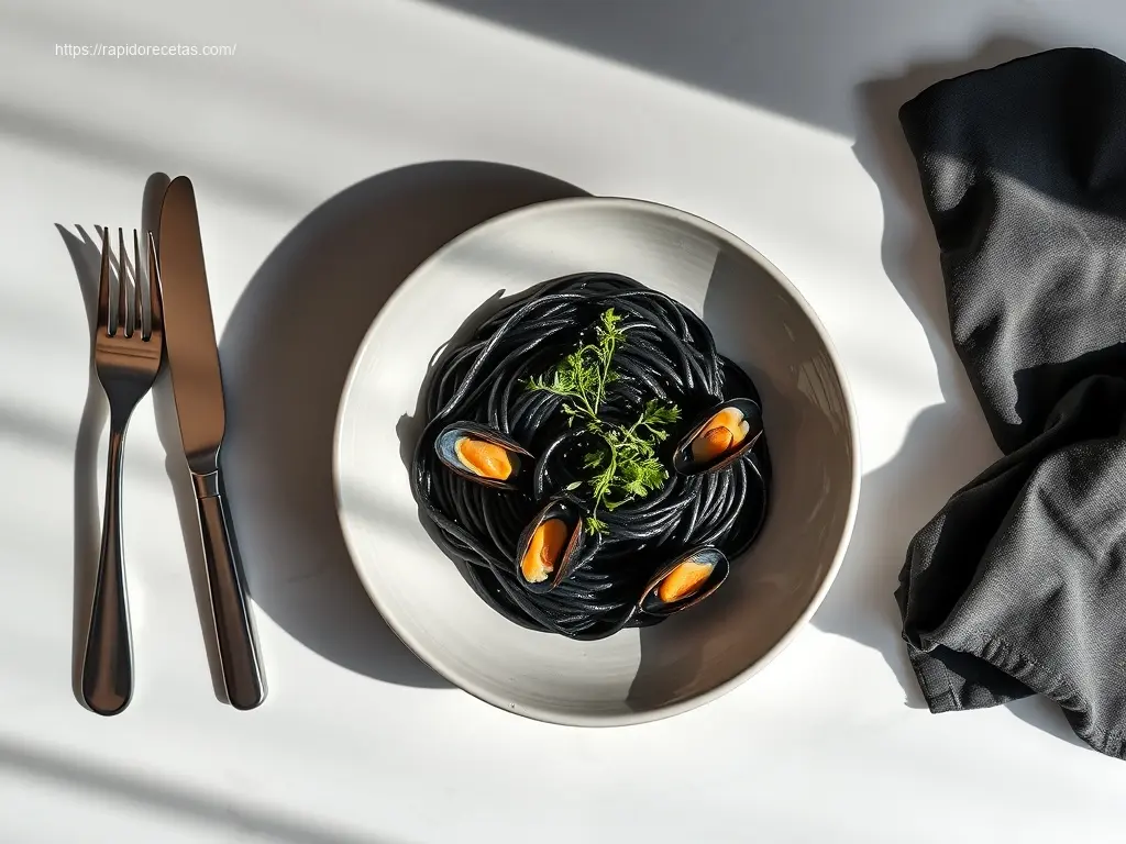 Witch's Hair Pasta with Squid Ink Sauce: Top 8 Halloween Eats 1 Elegant Witchs Hair Pasta with Squid Ink Sauce