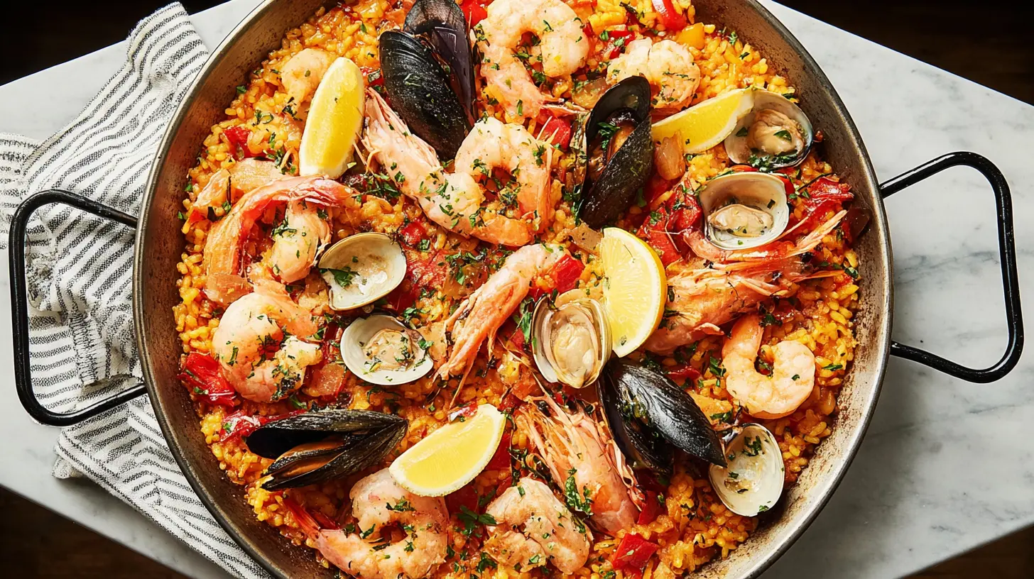 Delicious paella with various seafood, including shrimp and clams, cooked to perfection.