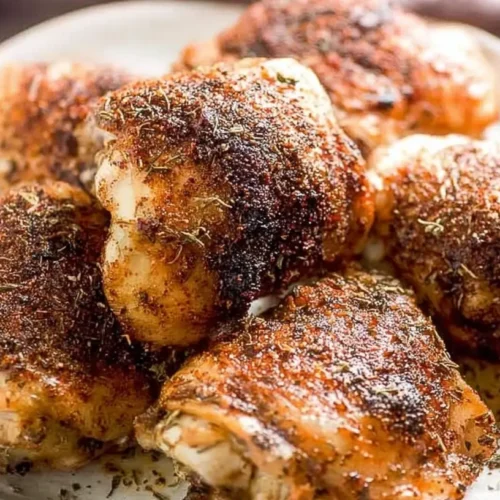 Expertly baked chicken thighs with crispy skin, ready to serve.