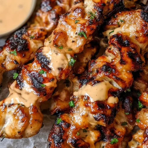 Delicious bang bang chicken skewers, perfectly grilled and seasoned.