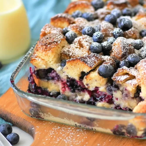 A delicious Blueberry Lemon French Toast Casserole, baked to golden perfection