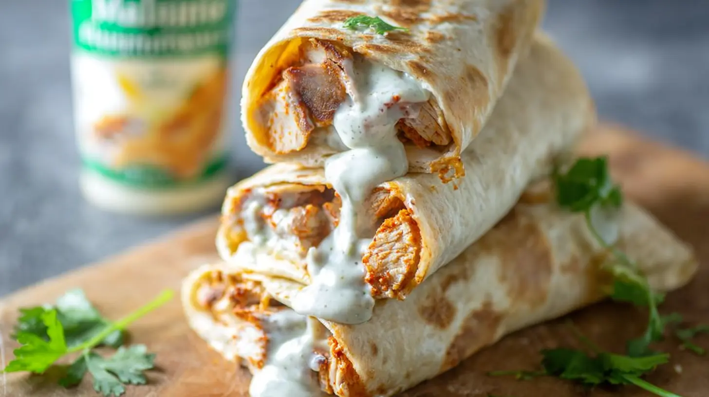 Quick Cheesy Chicken Wrap: How to Make 2 Perfect Ones. 1 A freshly made cheesy chicken wrap, ready to be enjoyed as a quick meal.