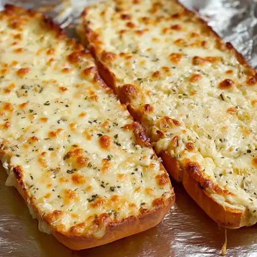Close-up of golden brown cheesy garlic bread with melted cheese and fresh herbs