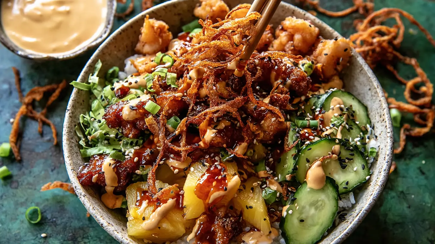 Spicy Honey Ginger Chicken Bowls with Yum Yum Sauce: 5 Best Reasons to Make Them Tonight 1 Delicious spicy honey ginger chicken bowls drizzled with yum yum sauce.