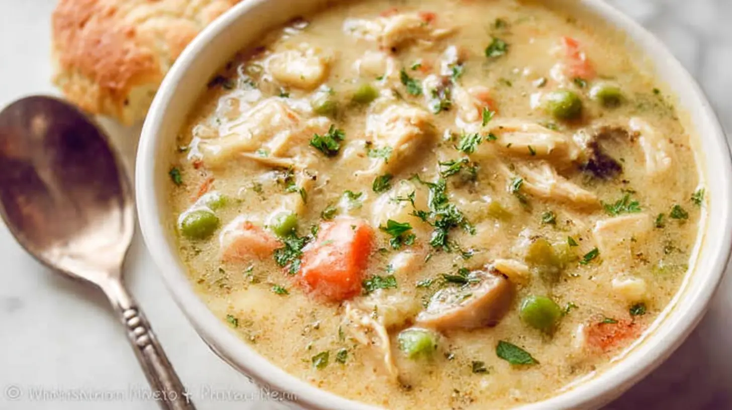 Creamy chicken pot pie soup garnished with fresh herbs, ready to be enjoyed.