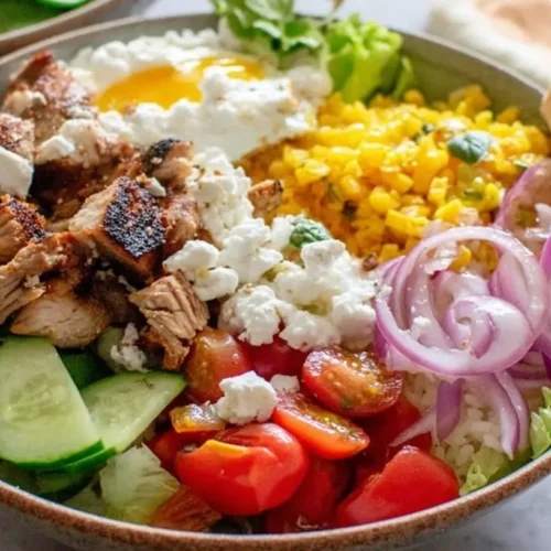 A vibrant chicken shawarma bowl with fresh vegetables and sauces