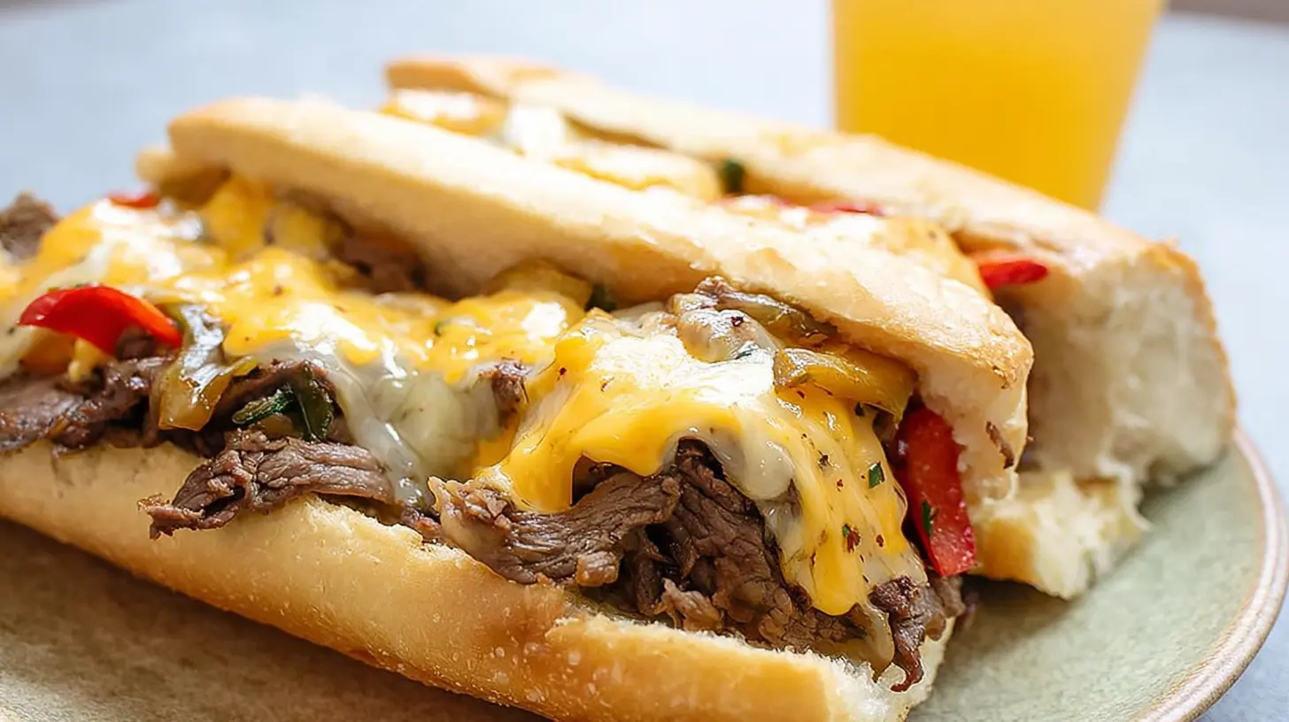 Close-up of a classic Philly cheesesteak overflowing with meat and cheese