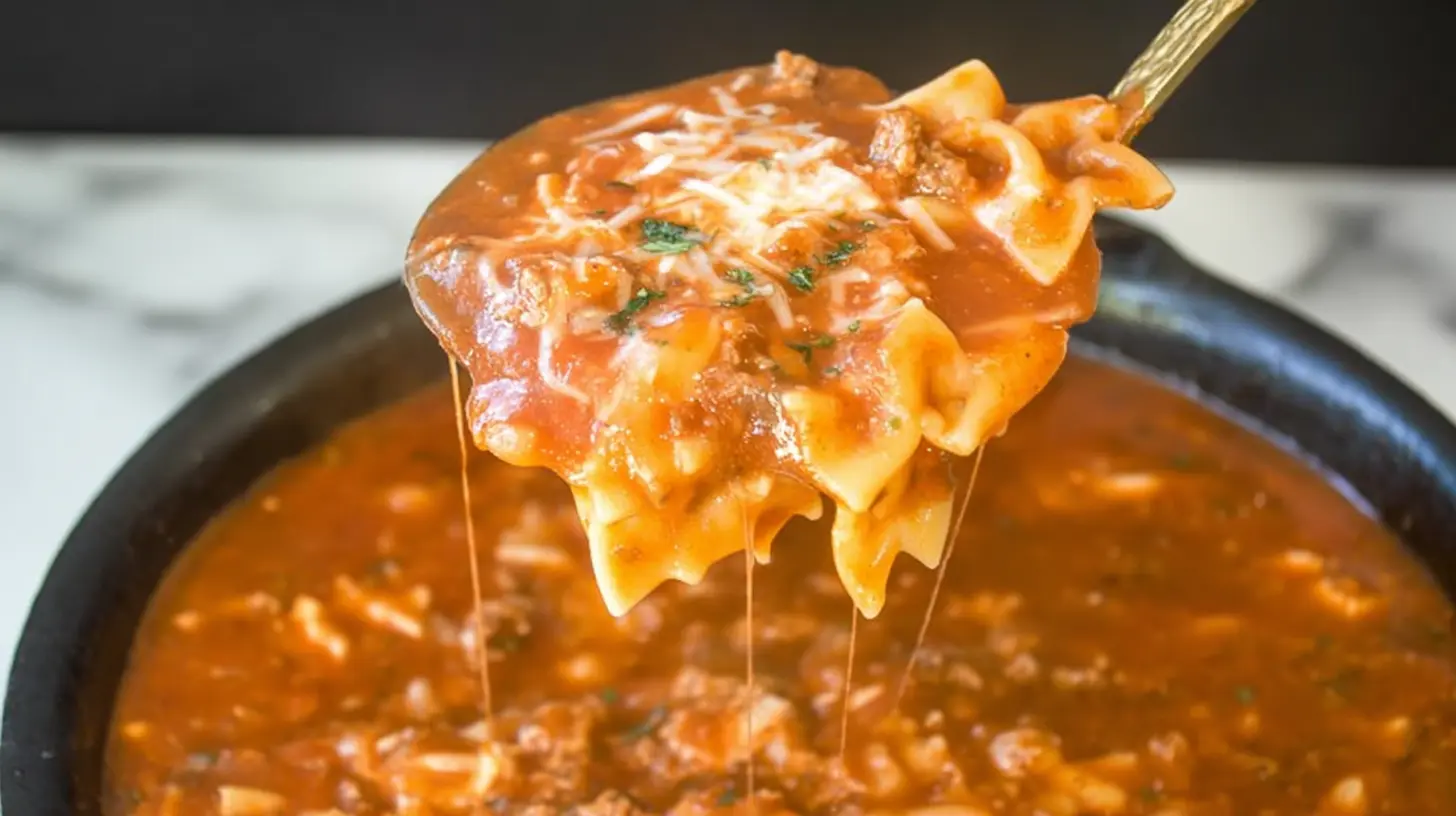 Lasagna Soup: Why You Need 1 Bowl Now 1 A ceramic bowl filled with rich, tomato-based lasagna soup, garnished with fresh basil.