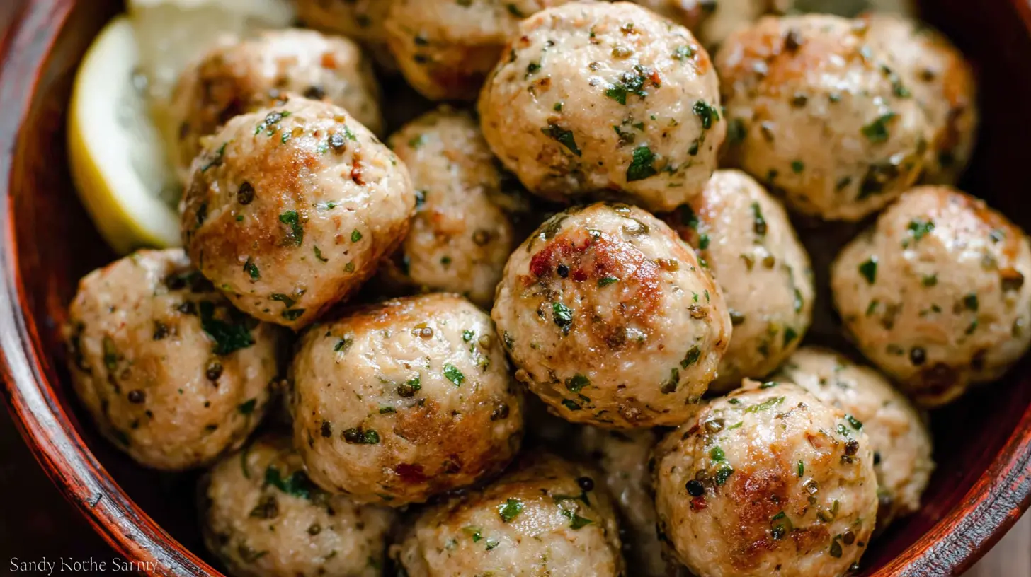 Delicious chicken meatballs arranged on a plate.