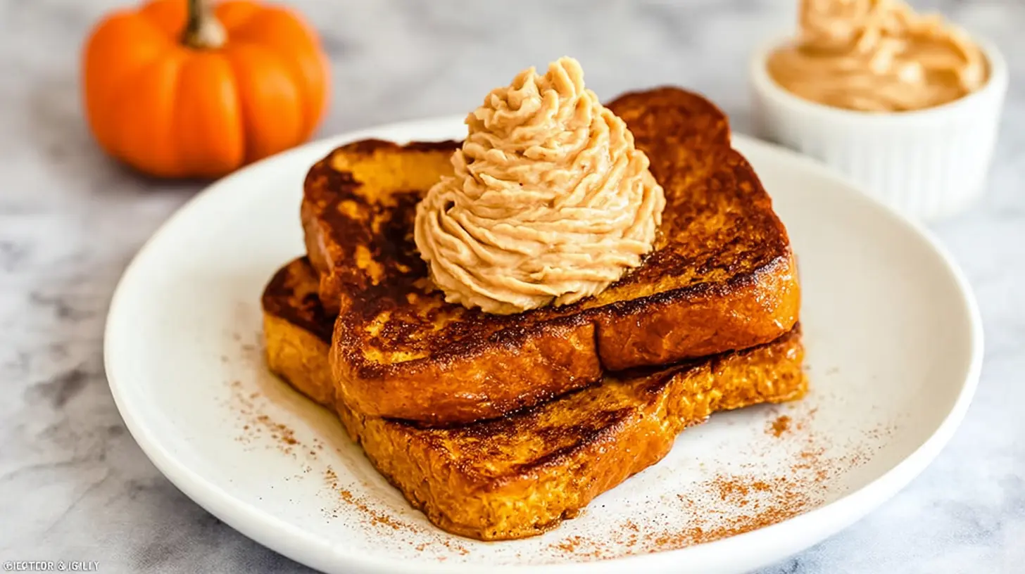 A stack of perfectly cooked Pumpkin French Toast garnished with berries.