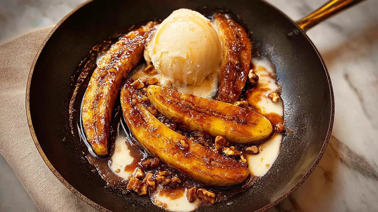 Warm flambe banana foster recipe served with a scoop of vanilla ice cream.