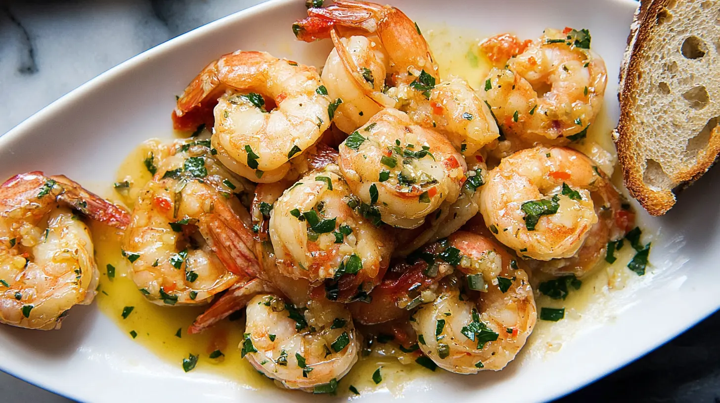 Freshly cooked shrimp scampi garnished with herbs in a bowl