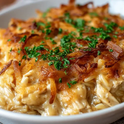 A bubbling French onion chicken orzo casserole, fresh from the oven, garnished with herbs.