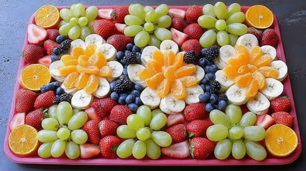 Creative kids food platter with various fruits shaped playfully, perfect for engaging young eaters.