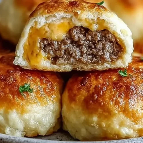 A close-up of golden-brown garlic parmesan cheeseburger bombs, baked to perfection.
