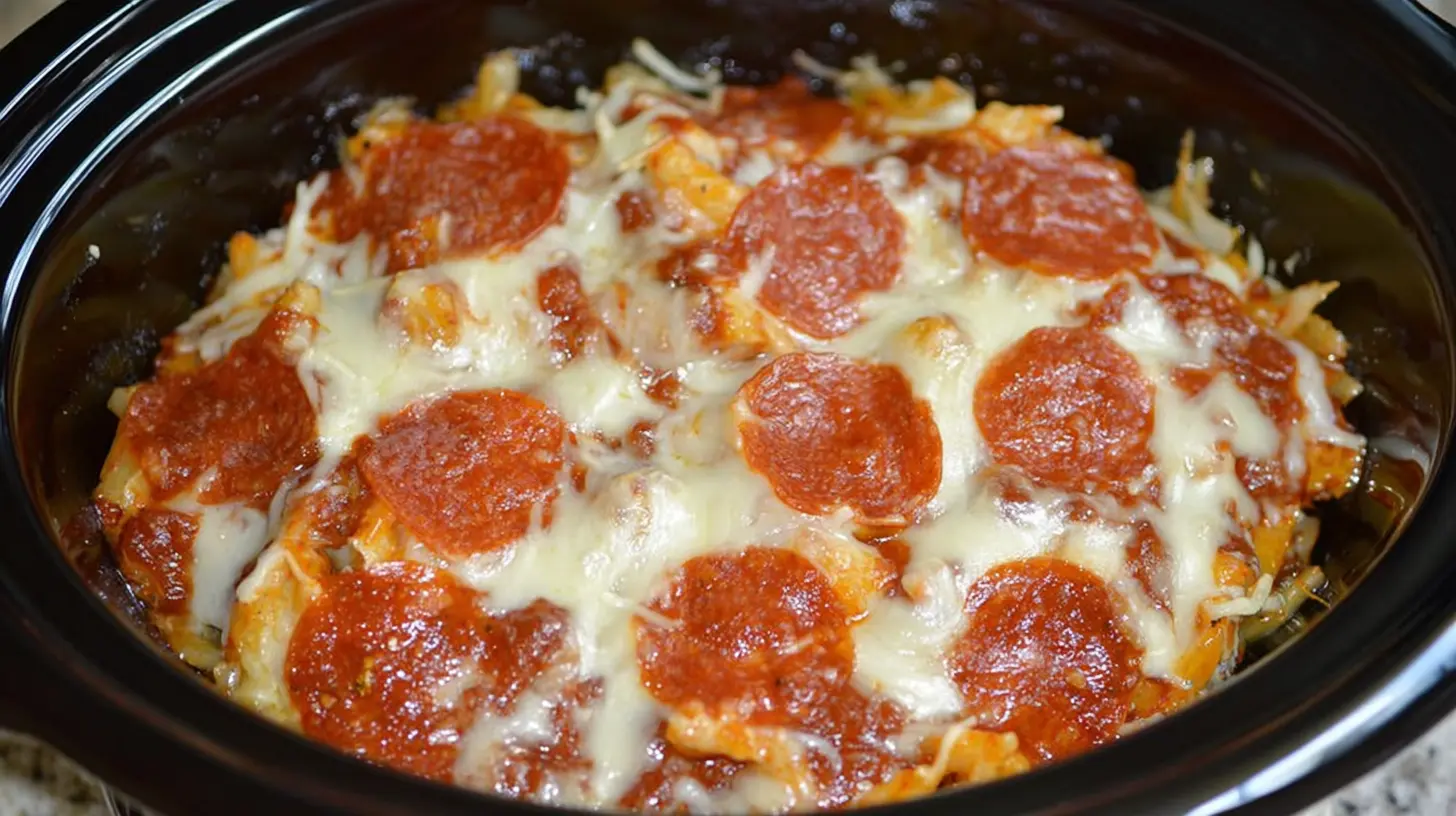 Close-up of a crockpot pizza casserole with melted cheese and pepperoni