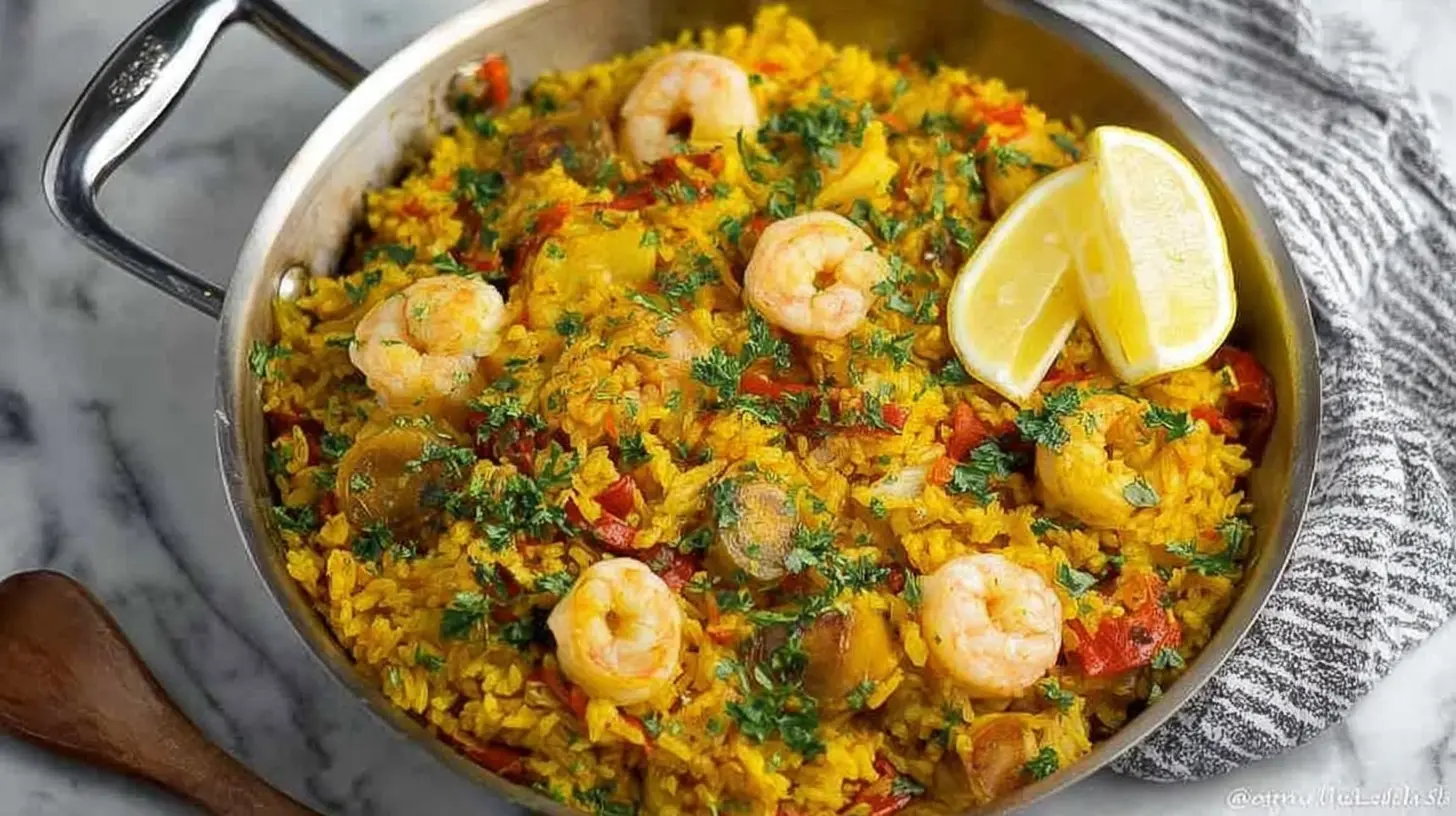 Hearty seafood rice prepared with various shellfish and saffron-infused grains.