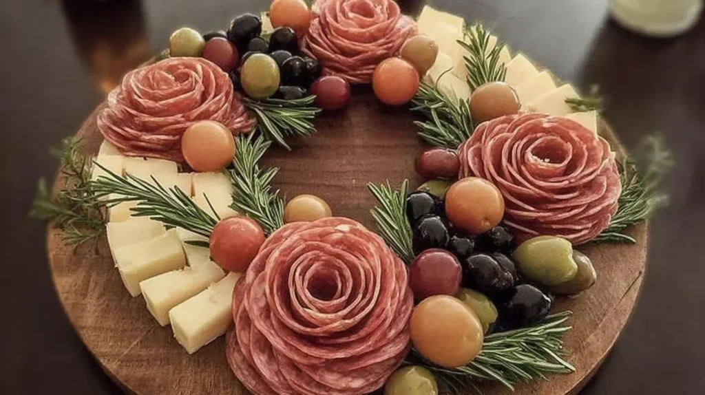 An artfully arranged charcuterie board featuring various Christmas party food items